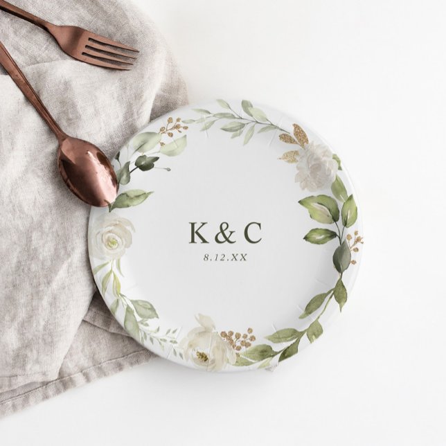 White Floral Greenery Wedding Bridal Shower Paper Plate (Elegant paper plate with a greenery and white floral border, personalized with couple's initials.)