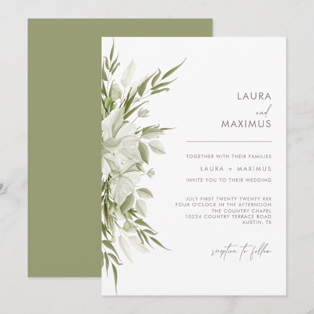 White Floral Greenery Wedding Invitation (Front/Back)