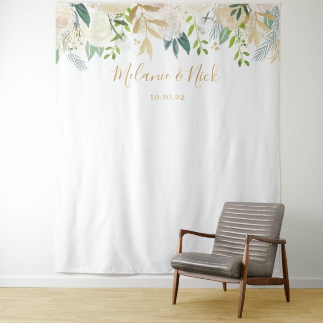 White Floral Greenery wedding photo backdrop Tapestry (In Situ)
