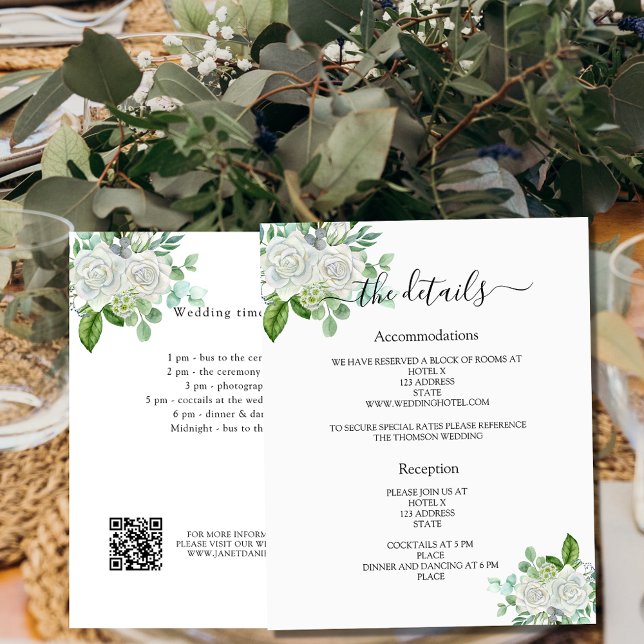 White floral greenery wedding program details QR (Creator Uploaded)