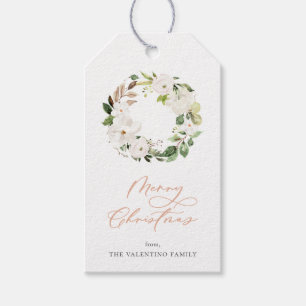 White Floral Greenery Wreath Christmas Gift Tags