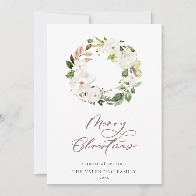 White Floral Greenery Wreath Christmas Script Holiday Card (Front)