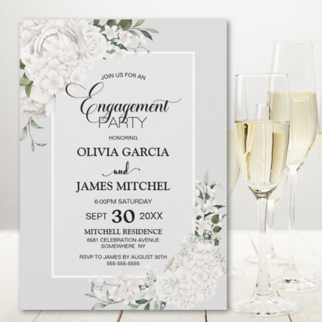 White Floral Grey Engagement Party Invitation (Creator Uploaded)