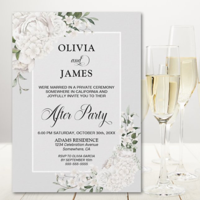 White Floral Grey Wedding After Party Invitation (Creator Uploaded)