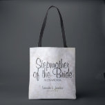 White Floral Hearts Wedding Stepmother of Bride Tote Bag<br><div class="desc">This elegant white tote bag is perfect for thanking the stepmother of the Bride. Designed as a part of our White Reflections Wedding Suite, it features black text over a background of reflecting white flowers and hearts. The text reads: Stepmother of the Bride, with a place for her name, the...</div>