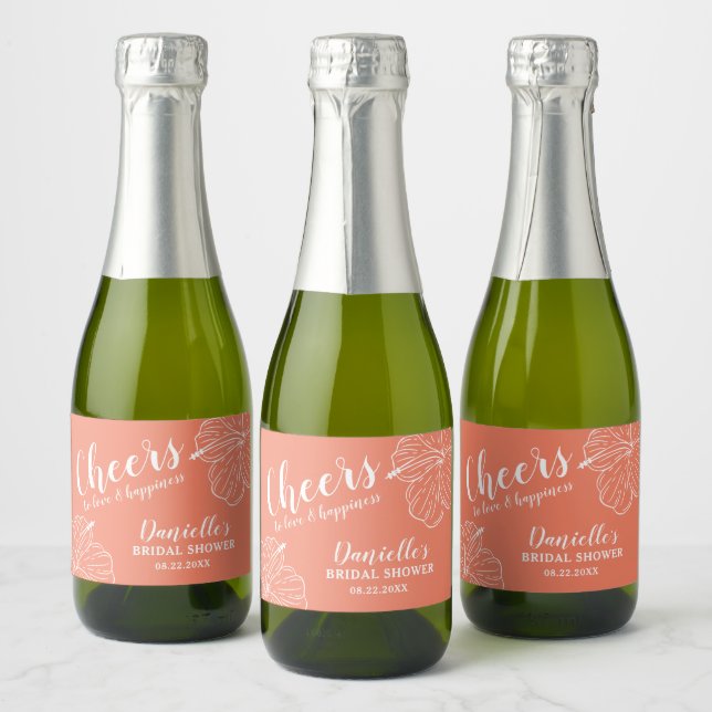White Floral Hibiscus Mini Peach  Sparkling Wine Label (Bottles)