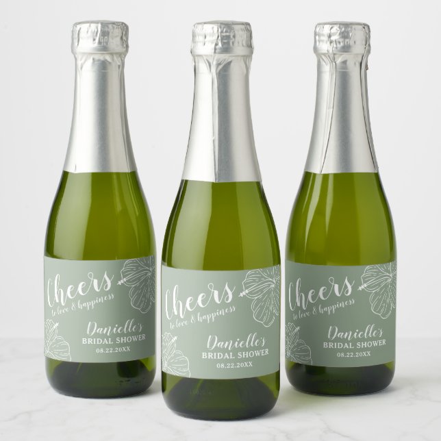 White Floral Hibiscus Mini Sage Sparkling Wine Lab Sparkling Wine Label (Bottles)