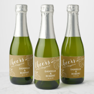 White Floral Hibiscus on Gold Mini Sparkling Wine Label
