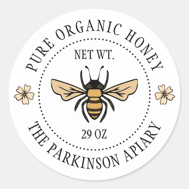 White Floral Honey Bee Illustration Apiary Labels (Front)