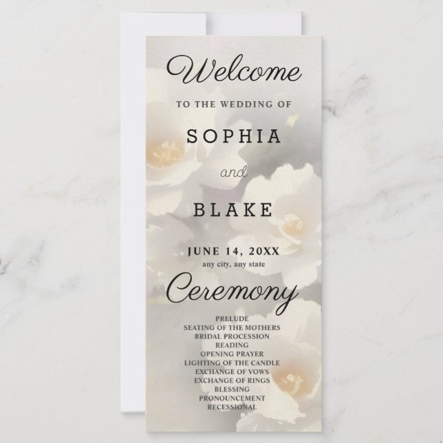 White Floral Ivory and Grey Wedding Program (Front)