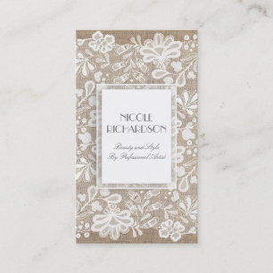 White Floral Lace and Burlap Elegant Business Card