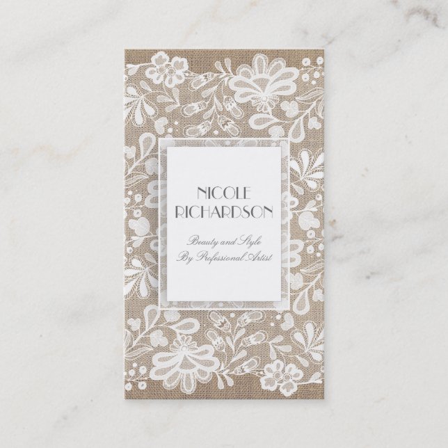 White Floral Lace and Burlap Elegant Business Card (Front)
