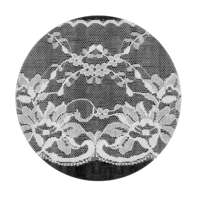 White floral lace: black background. cutting board (Front)