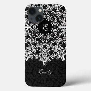 White Floral Lace Black Damasks Monogramed iPhone 13 Case