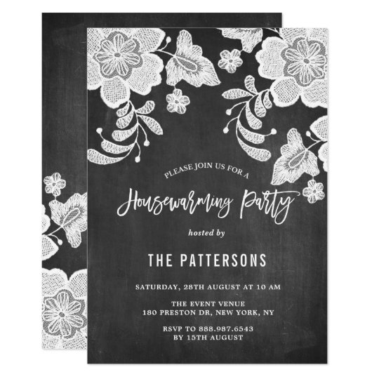 White Floral Lace Chalkboard Housewarming Party Card