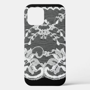 White floral lace on a black background. iPhone 12 case