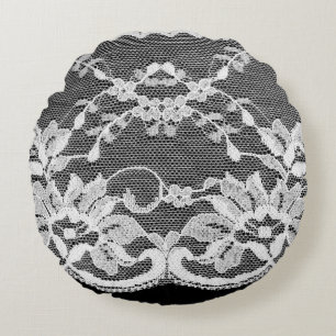 White floral lace on a black background. round pillow