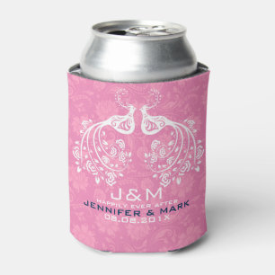 White Floral Love Birds Pink Damasks Background Can Cooler