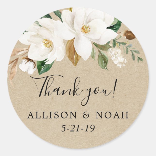 White floral magnolia greenery kraft favour classic round sticker (Front)