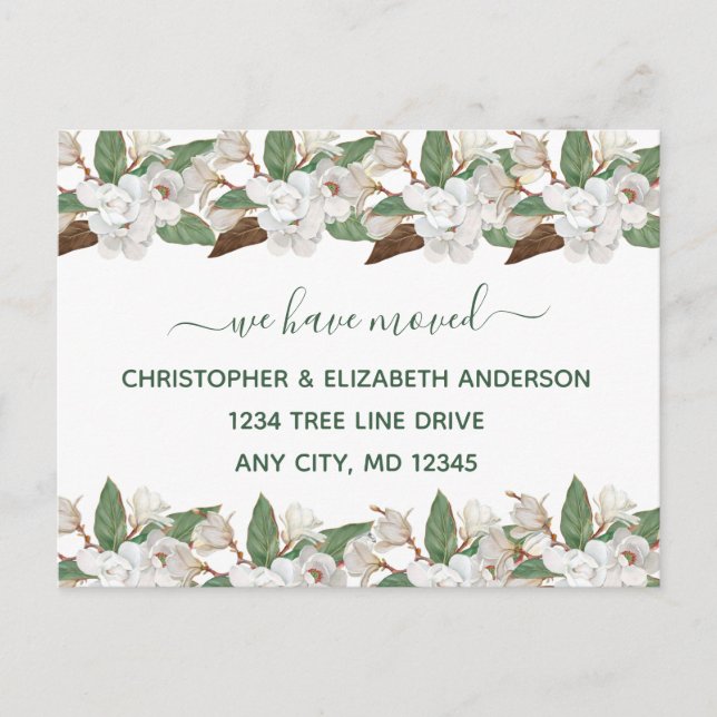 White Floral Magnolias Script Moving Announcement Postcard (Front)