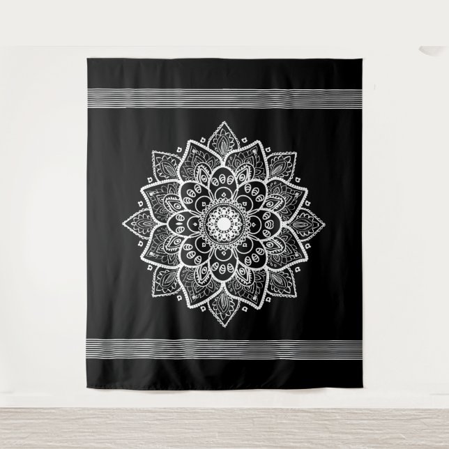 White Floral Mandala Black Background Tapestry (Front)