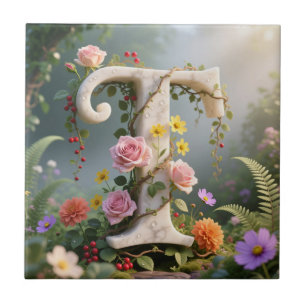 White Floral Marble Monogram Letter T Tile