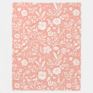 White Floral Meadow on Coral Pink Fleece Blanket