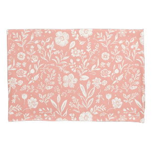 White Floral Meadow on Coral Pink Pillowcase