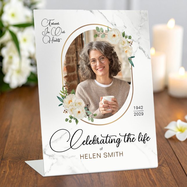White Floral Memorial Funeral Elegant Photo Pedestal Sign (Memorial Funeral Floral Elegant Photo White Pedestal Sign, Loss of Loved One)