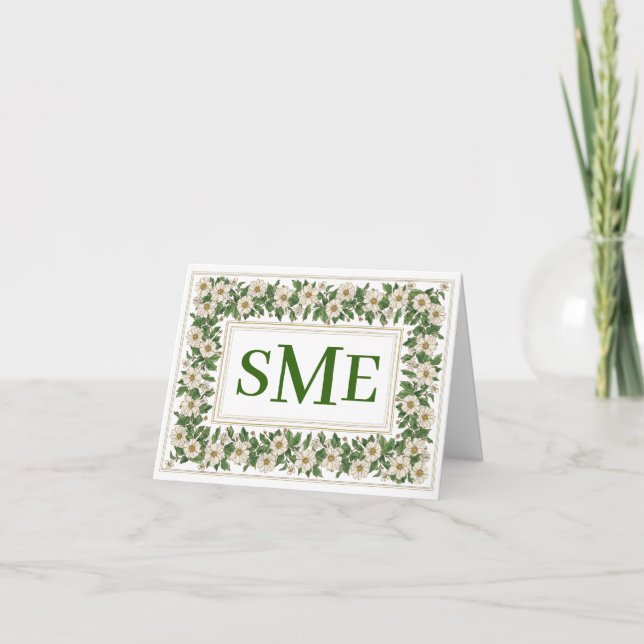 White Floral Monogram Stationery Thank You Card (Front)