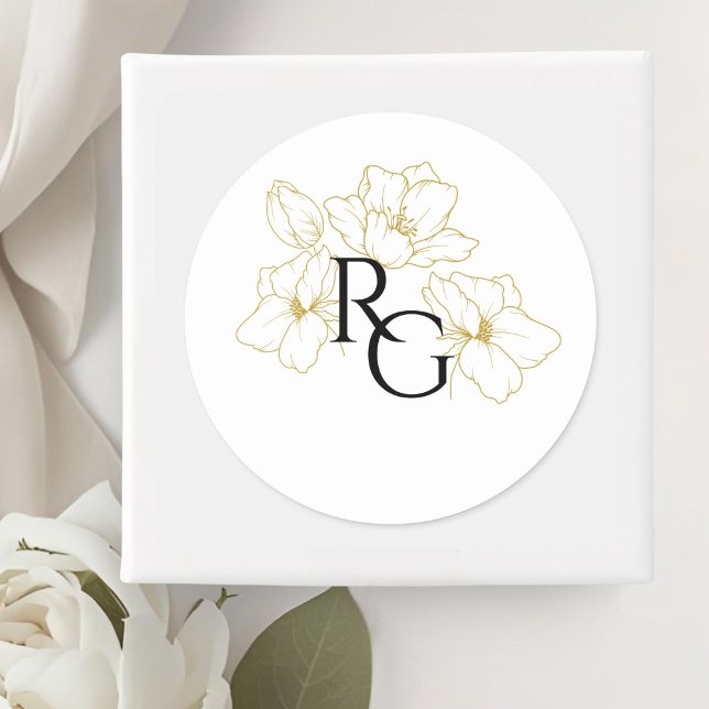 White | Floral Monogram Wedding  Classic Round Sticker (Creator Uploaded)