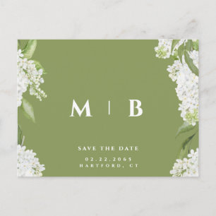 White Floral Moss Green Wedding Save the Date Postcard