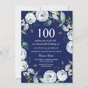 White Floral Navy Blue 100th Birthday Invitation