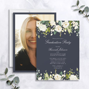 White Floral Navy Blue Photo Graduation Party Invitation