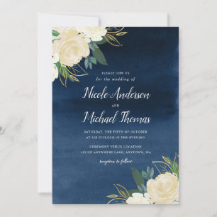 White Floral Navy Blue Watercolor Wedding Invitation