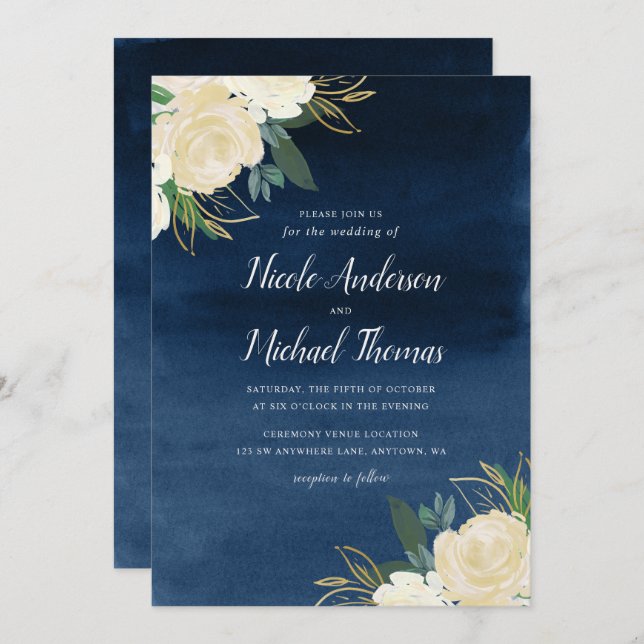 White Floral Navy Blue Watercolor Wedding Invitation (Front/Back)