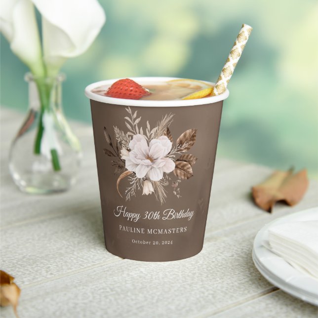 White Floral Neutral Fall 30th Birthday Paper Cups (Insitu)