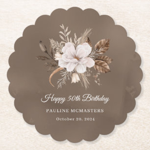 White Floral Neutral Fall 50th Birthday Paper Coaster