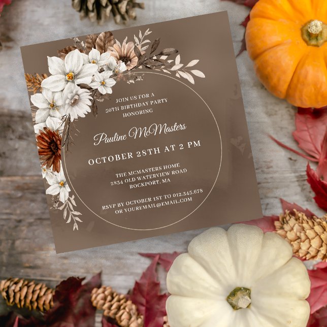 White Floral Neutral Fall 50th Birthday Square Invitation (Creator Uploaded)
