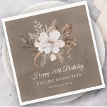 White Floral Neutral Fall 70th Birthday Napkin<br><div class="desc">A beautiful bouquet of white flowers and neutral fall leaves decorate this 70th birthday napkin. The grey, taupe, and white foliage create an elegant and chic autumnal display that frame the white flowers perfectly. Happy 70th birthday is written below the flowers in a traditional and classic script. Two additional lines...</div>