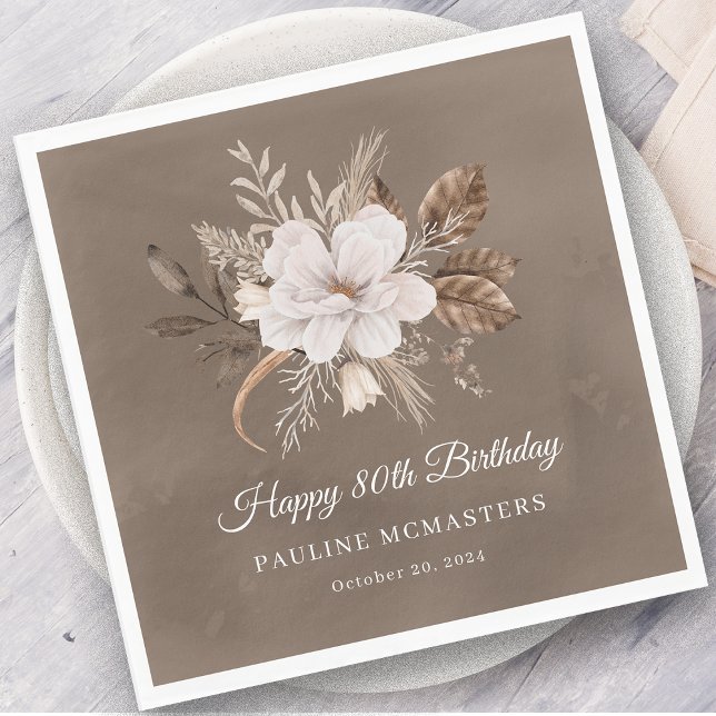White Floral Neutral Fall 80th Birthday Napkin (Creator Uploaded)