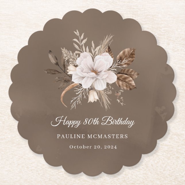 White Floral Neutral Fall 80th Birthday Paper Coaster (Front)