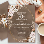 White Floral Neutral Fall Bouquet 70th Birthday  Invitation<br><div class="desc">Sophisticated white fall flowers are surrounded by neutral grey,  brown and black leaves. The white text is a chic combination of upright lettering and calligraphy text. The taupe watercolor background frames them all perfectly.</div>