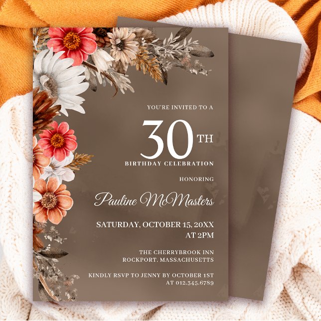White Floral Neutral Fall Flowers 30th Birthday Invitation (Need matching party supplies and signs? Message me!)