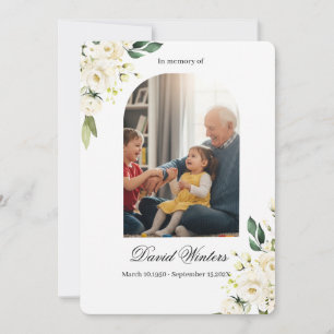 White floral obituary invitation