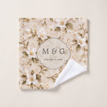 White Floral Olive Gold Botanical Pattern C Script