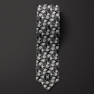White Floral on Black Neck Tie