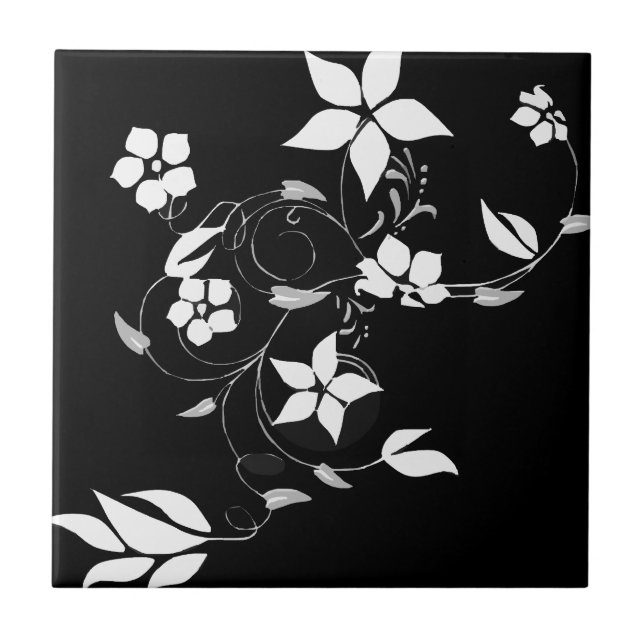 White Floral on Black Tile (Front)