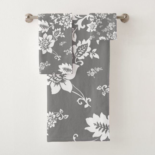 White Floral on Ultimate Grey Background Bath Towel Set (Insitu)