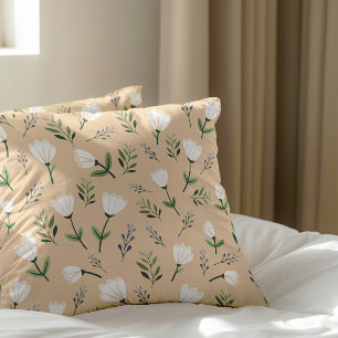 White Floral on Vanilla Scandinavian Throw Pillow